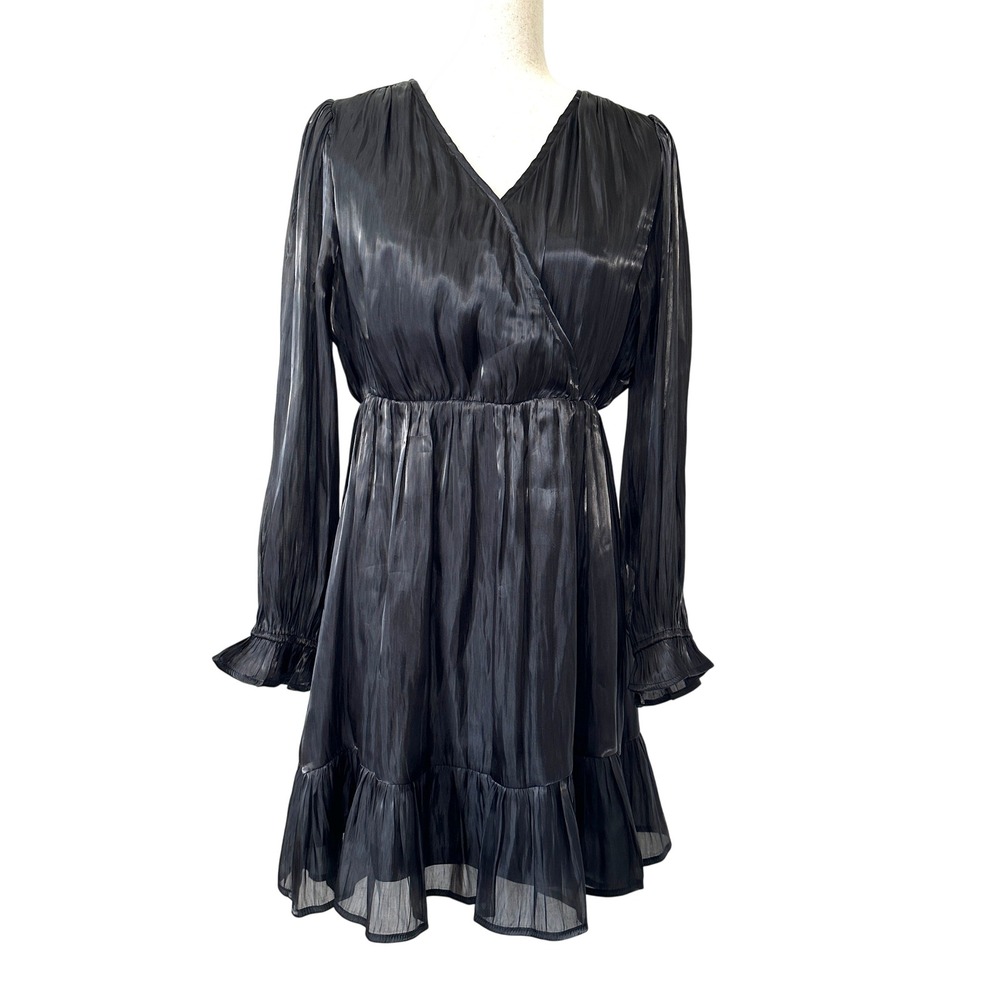 Dark Romantic Sheer Sleeve Mini Dress Pleated Wrap Black Witchy Goth‎ Ruffle S